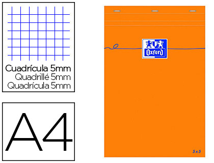 BLOC BUREAU OXFORD A4 PAPIER VÉLIN SURFIN AGRAFÉ EN TÊTE COUVERTURE ENVELOPPANTE 210X297MM 80F 80G 5X5MM 160PAG ORANGE