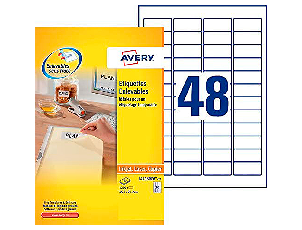 TIQUETTE ADHSIVE AVERY ENLEVABLE LASER JET D'ENCRE 45.7X21.2MM COLOGIQUE BOTE 1200 UNITS