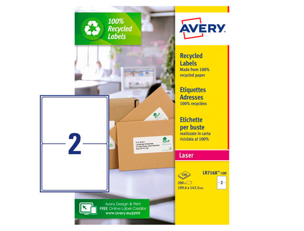ETIQUETTE AUTOCOLLANTE AVERY ADRESSE RECYCLEE LASER BLANC199,6 X 143,5 MM BOITE DE 200