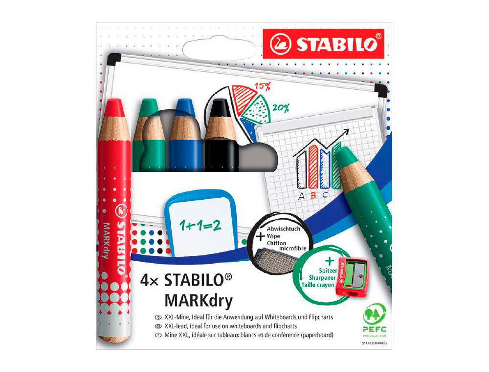 MARQUEUR SABILO BOSS MARKDRY POUR ECRIRE SUR DE TABLEAU BLANC 4 MARQUEURS 1 TAILLE CRAYON 1 CHIFFONETTE
