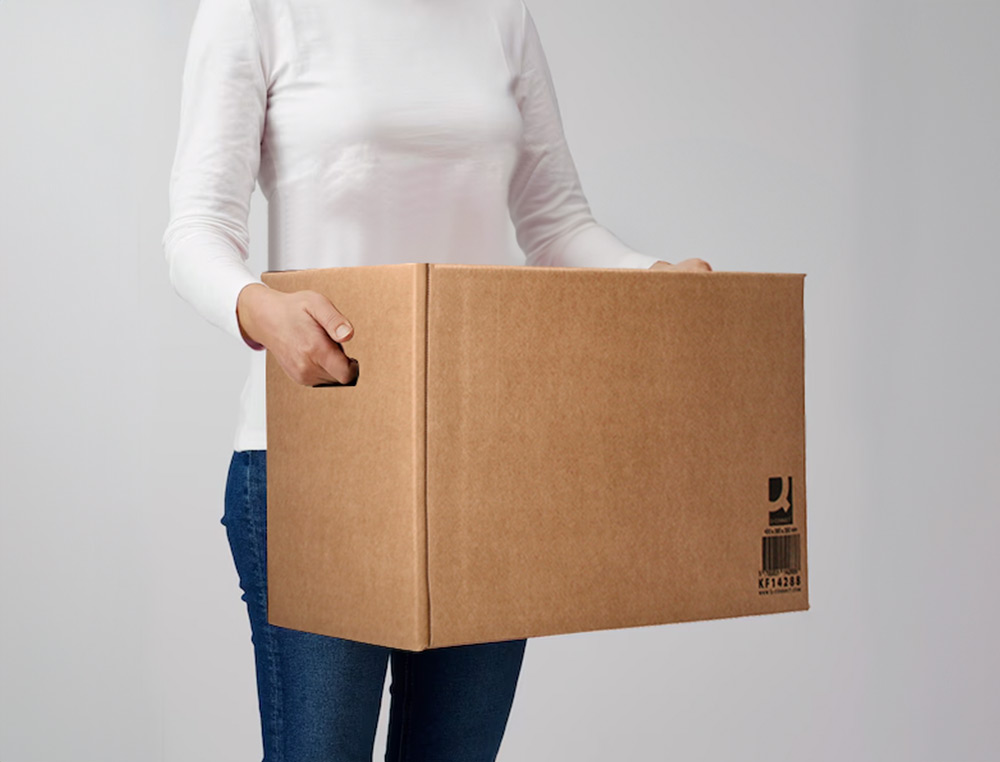 CAISSE AMERICAINE Q-CONNECT AVEC POIGNEES CARTON RECYCLE CANNELURE 5MM 600X400X290MM COLORIS KRAFT