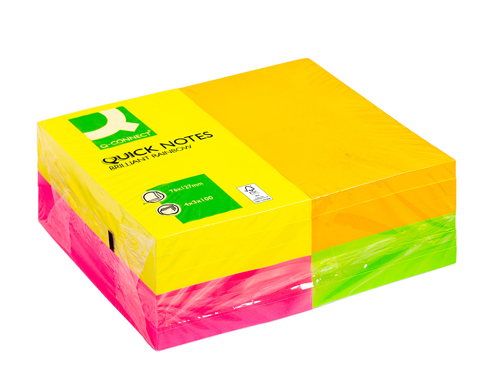 BLOC-NOTES Q-CONNECT QUICK NOTES COULEURS NÉON RAINBOW 76X127MM 100F REPOSITIONNABLES ROSEORANGE/VERT/JAUNE 12 BLOCS
