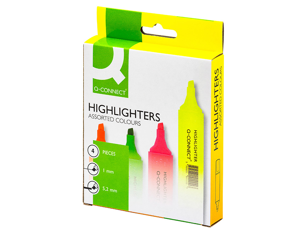 SURLIGNEUR Q-CONNECT TRAC 2/5 MM POINTE BISEAUTE COULEURS CLATANTES POCHETTE 4 UNITS ASSORTIES