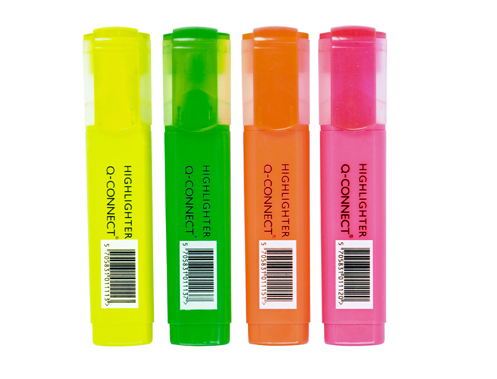 SURLIGNEUR Q-CONNECT TRAC 2/5 MM POINTE BISEAUTE COULEURS CLATANTES POCHETTE 4 UNITS ASSORTIES