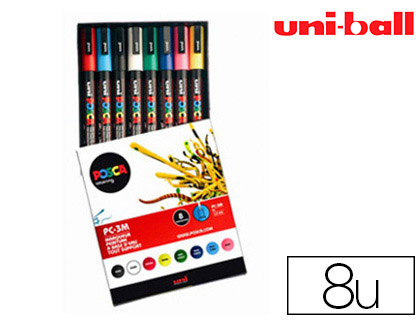 MARQUEUR POSCA PC3M GOUACHE ENCRE INODORE TOUTES SURFACES POINTE FINE CONIQUE COLORIS ASSORTIS TUI 8 UNITS