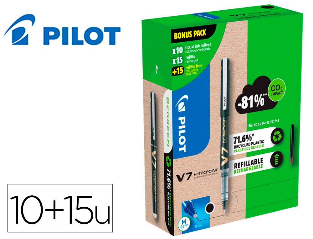 PACK PILOT V7 10 ROLLERS ENCRE LIQUIDE RECHARGEABLES   POINTE MOYENNE 10 SETS DE 3   RECHARGES 5 OFFERTES COLORIS