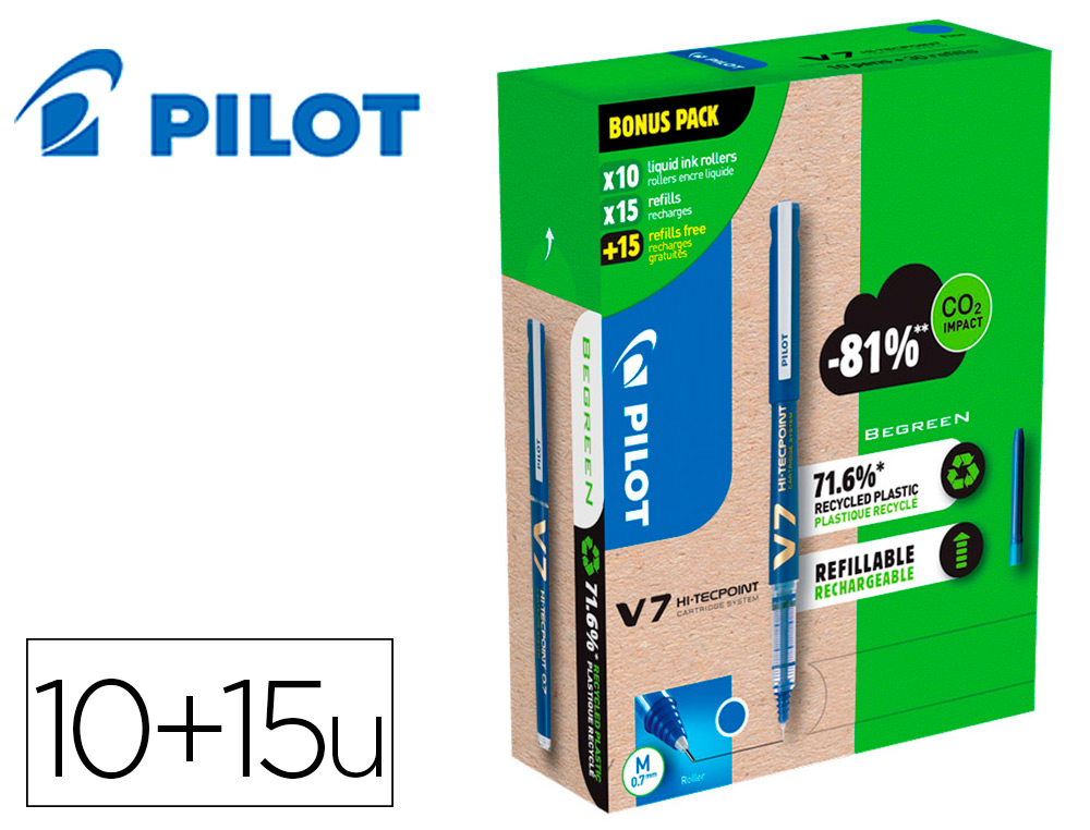 PACK PILOT V7 10 ROLLERS ENCRE LIQUIDE RECHARGEABLES   POINTE MOYENNE 10 SETS DE 3   RECHARGES 5 OFFERTES COLORIS