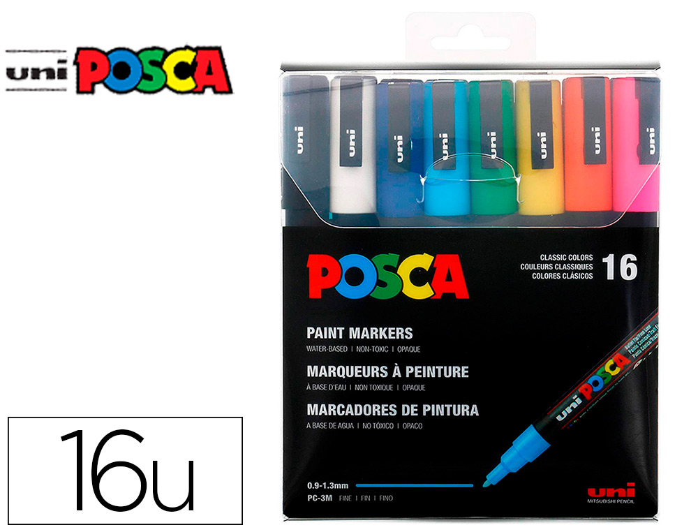 MARQUEUR PEINTURE POSCA PC3M POINTE FINE CONIQUE ENCRE     INODORE COUVRANTE SET 16      UNITES ASSORTIES