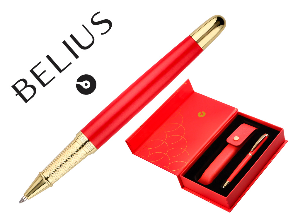 STYLO-BILLE ET ETUI EN SIMILI CUIR BELIUS PASSION ALUMINIUM BROSSE ATTRIBUTS OR ENCRE BLEUE COLORIS ROUGE COFFRET CADEAU