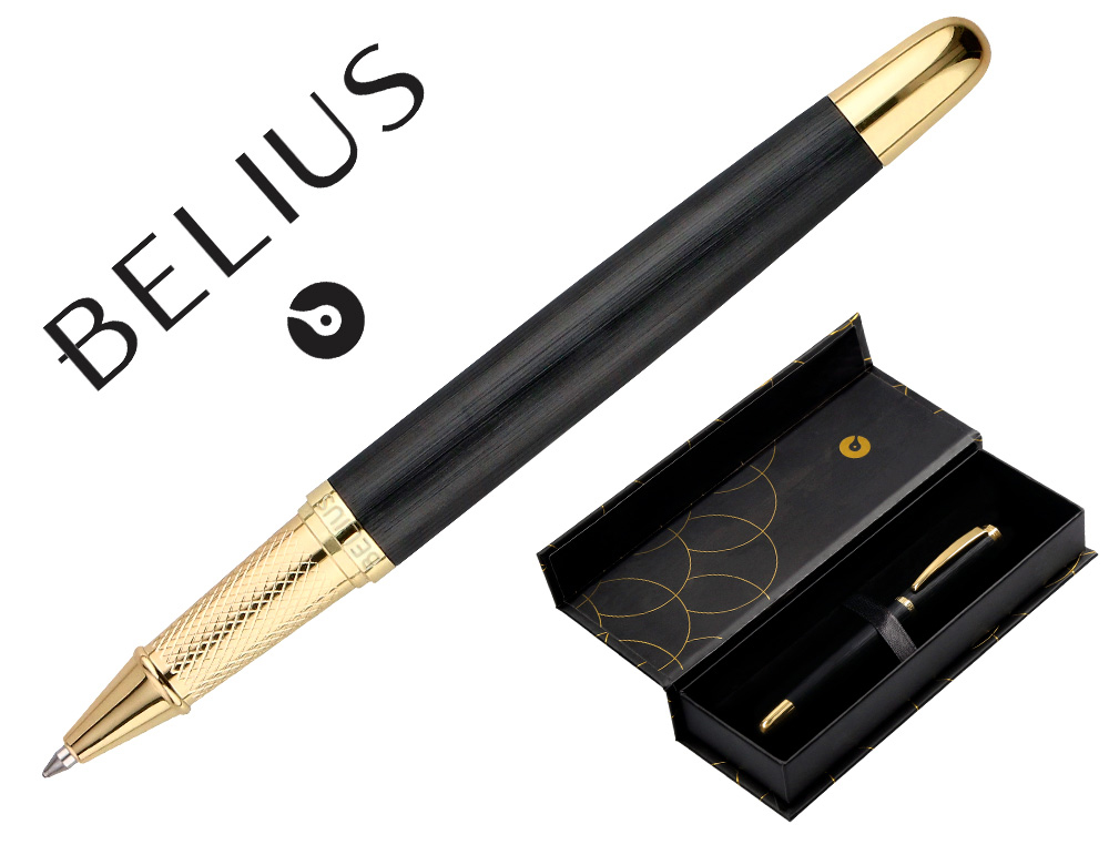 STYLO-BILLE BELIUS PASSION ALUMINIUM BROSSE ATTRIBUTS OR ENCRE BLEUE COLORIS NOIR DANS COFFRET CADEAU