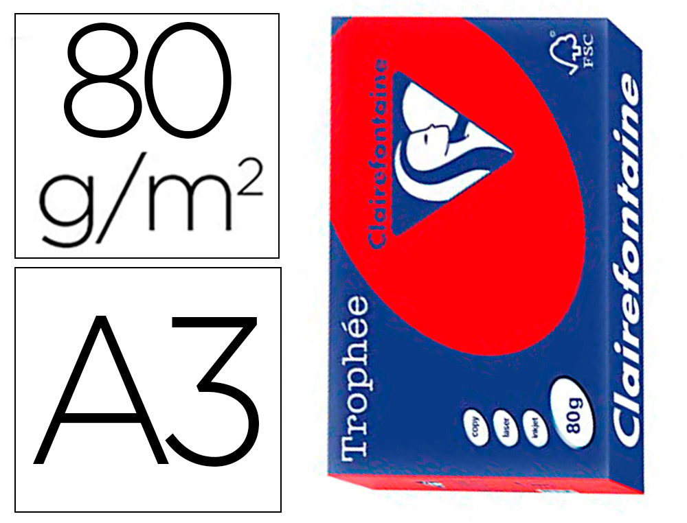 PAPIER CLAIREFONTAINE MULTIFONCTION LASER COULEUR   TROPHE A3 80G/M2 ROUGE CORAIL PARFAITE OPACITE PAQUET 500