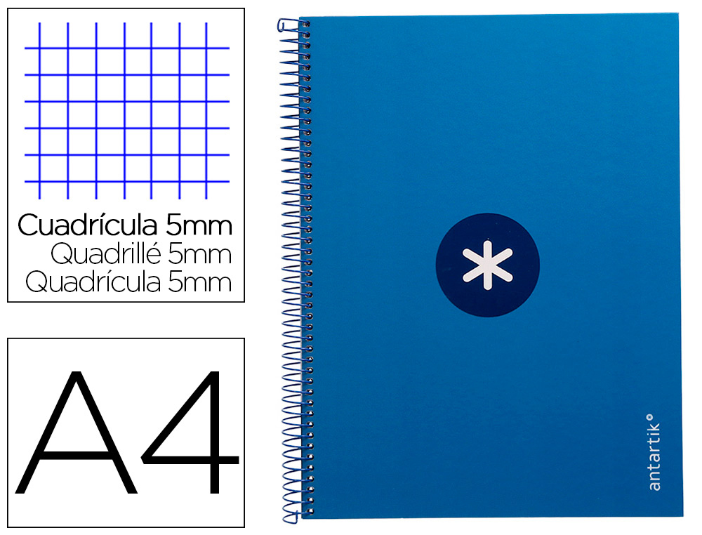 CAHIER SPIRALE LIDERPAPEL ANTARTIK A4 160P 90G COUVERTURE REMBORDEE 5X5 MM 4 TROUS    1 BANDE COLORIS BLEU FONCE