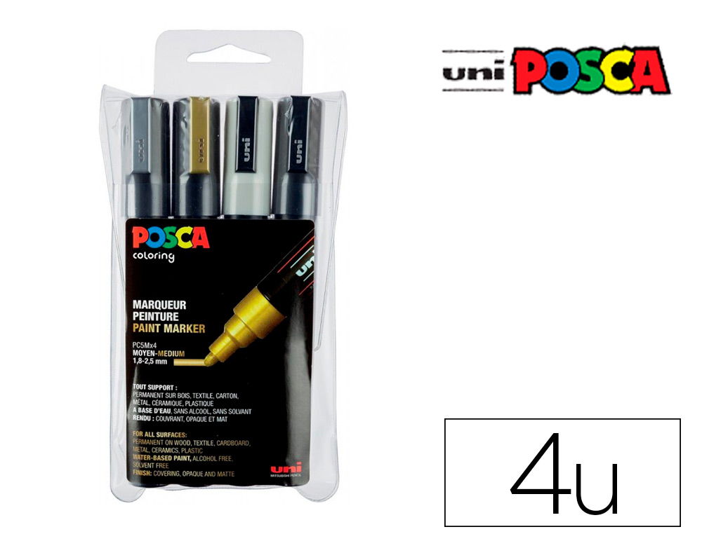 MARQUEUR POSCA PC3M GOUACHE BASE EAU COUVRANTE INODORE    POINTE CONIQUE FINE NOIR      BLANC ARGENT OR 4UN