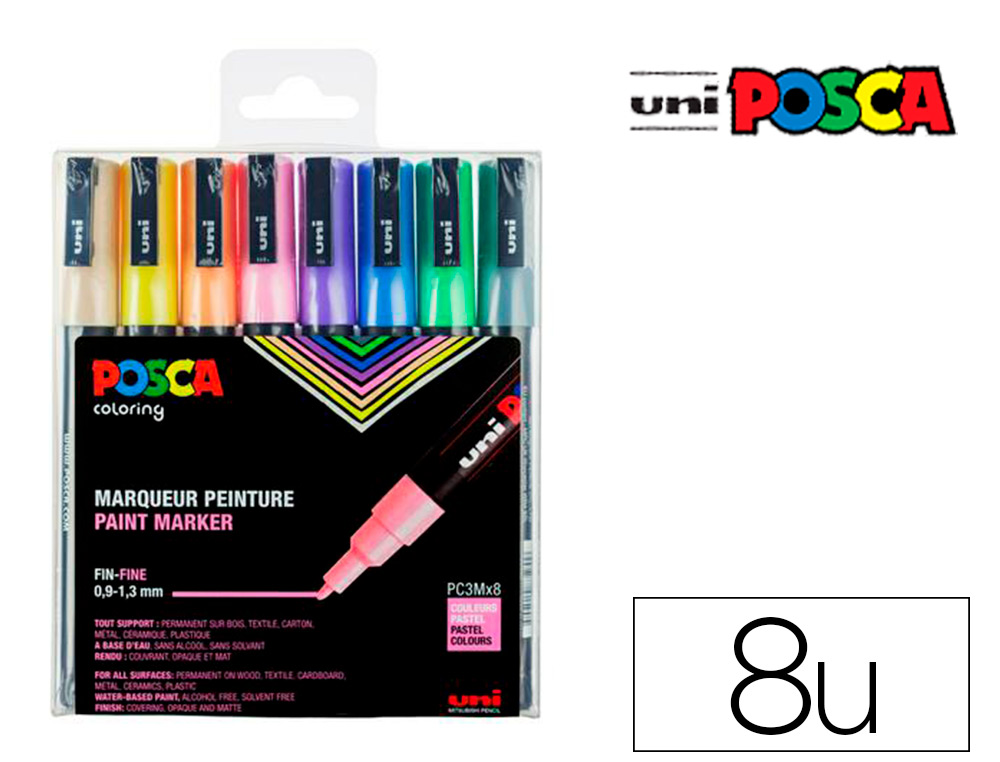 MARQUEUR POSCA PC3M GOUACHE BASE EAU COUVRANTE INODORE    POINTE CONIQUE FINE COLORIS   PASTEL ASSORTIS 8UN