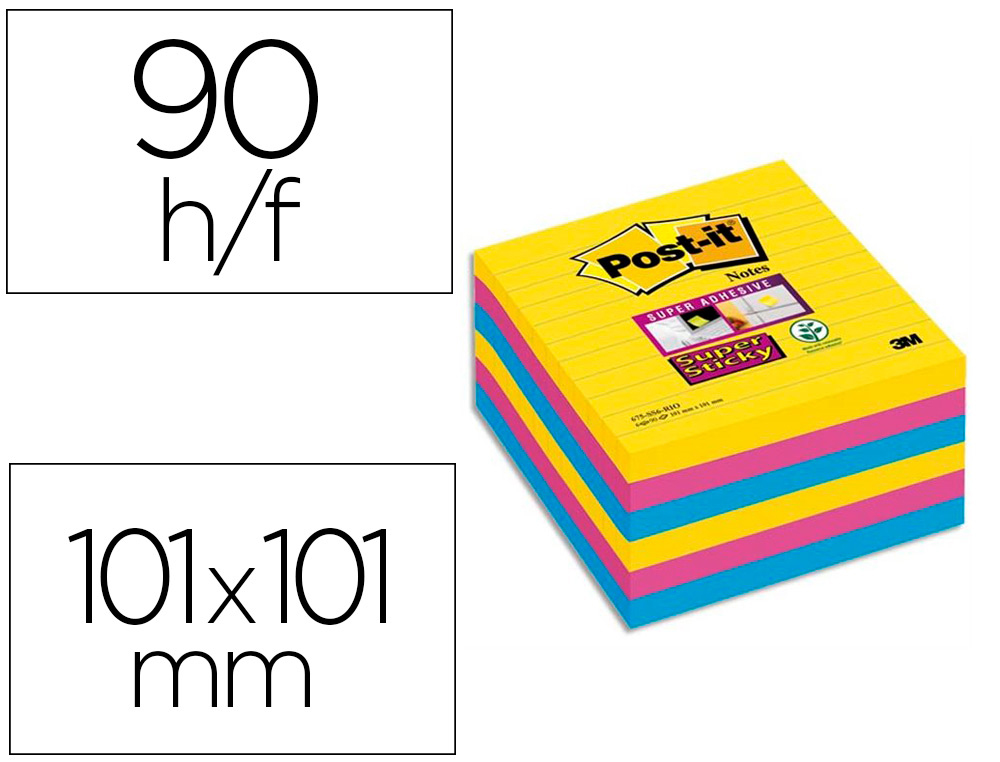BLOC-NOTE POST-IT SUPER STICKY COULEURS RIO 90F 101X101XX 90F COLORIS NON JAUNE BLEU FUCHSIA LOT 6 BLOCS