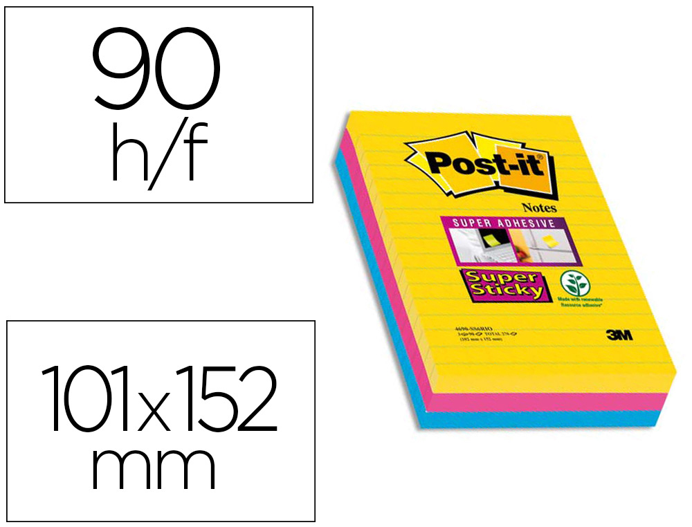 BLOC-NOTES POST-IT SUPER STICKY LIGN 101X152MM 90F COLORIS RIO ASSORTIS LOT 3 BLOCS