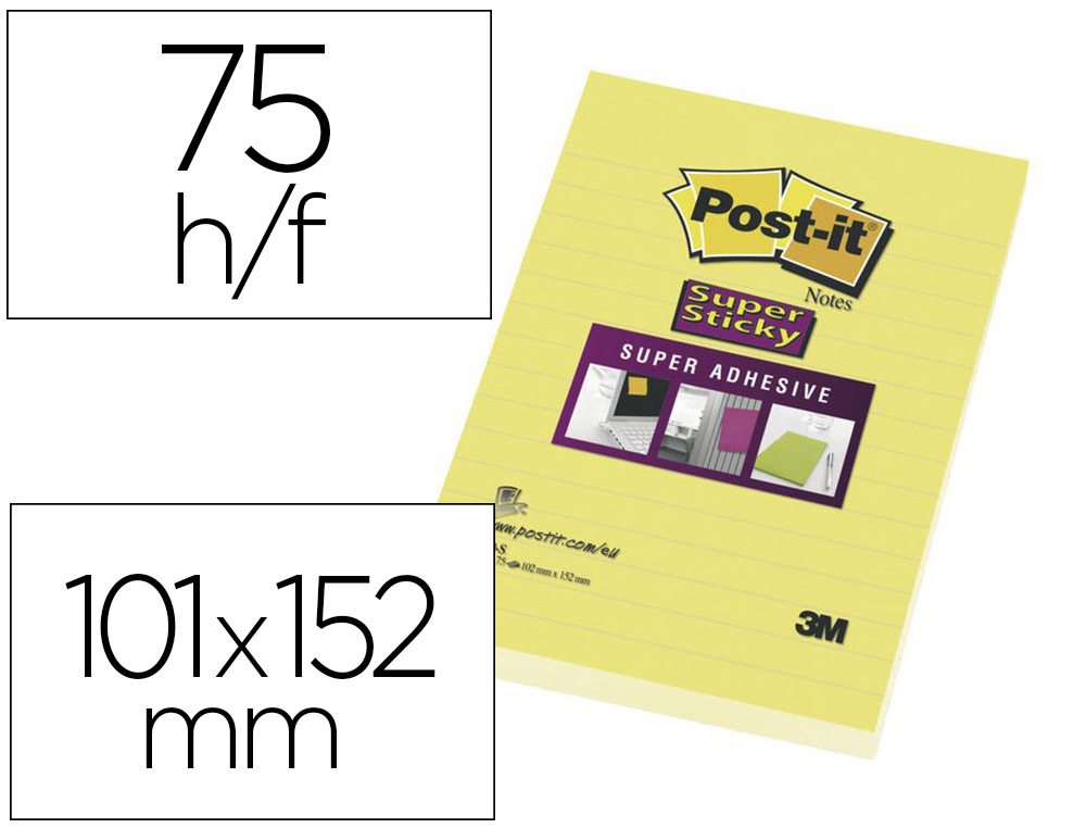 BLOC-NOTES POST-IT SUPER STICKY LIGN 101X152MM 75F COLORIS JAUNE FLUO LOT 6 BLOCS