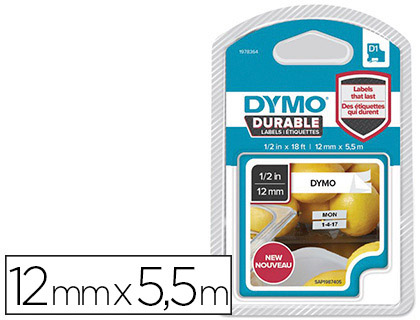 RUBAN DYMO D1 POLYESTER ADHSIF PERMANENT 12MMX5.5M NOIR/BLANC