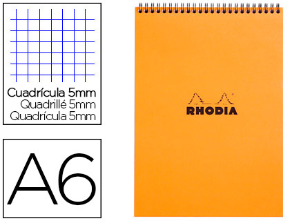 BLOC RHODIA CLASSIC ORANGE A6 10.5X14.8CM COUVERTURE CARTE ENDUITE RELIURE INTGRALE 80F 80G 5X5MM MICROPERFOR