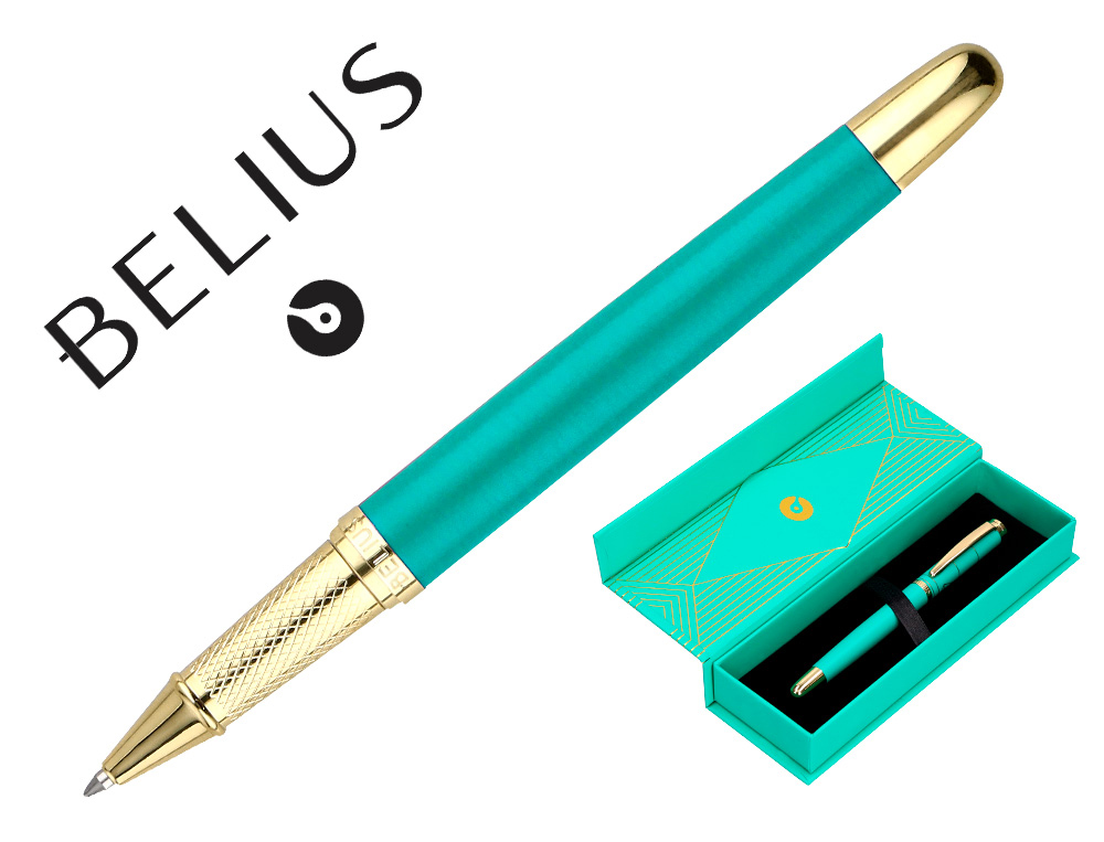 STYLO-BILLE BELIUS SOIREE ALUMINIUM DETAILS ET ATTRIBUTS OR ENCRE BLEUE COLORIS TURQUOISE DANS COFFRET CADEAU
