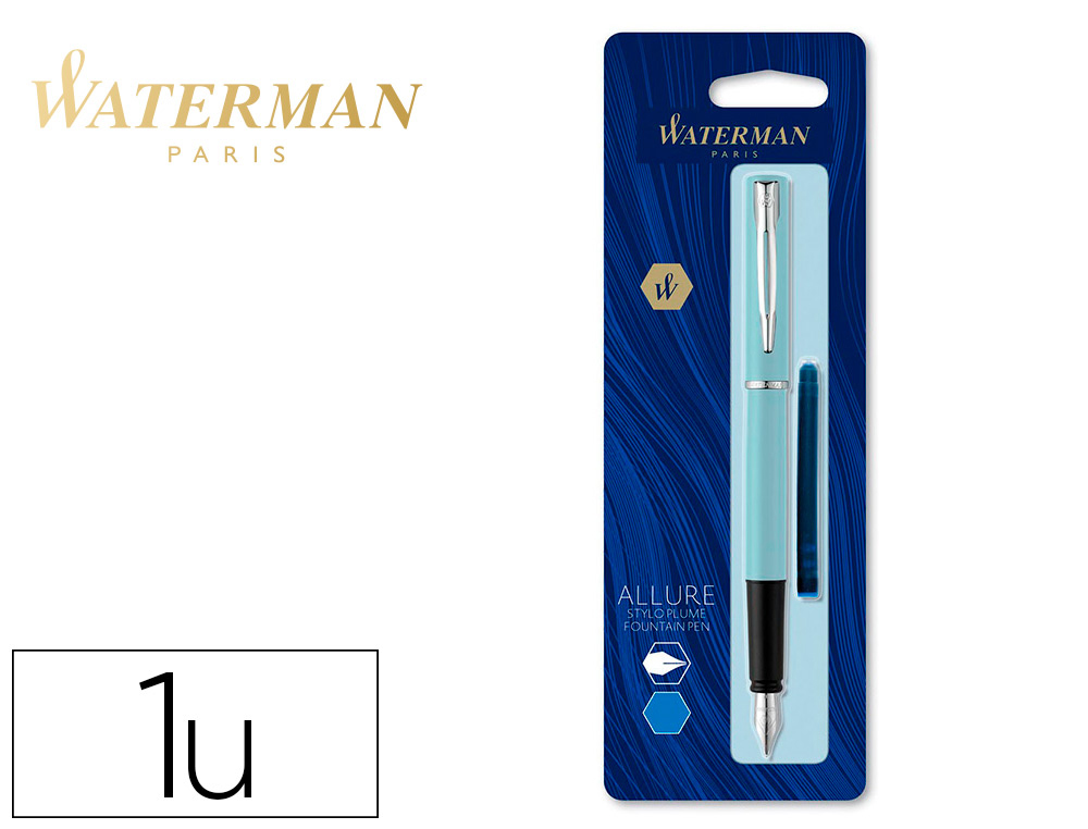 STYLO-PLUME WATERMAN ALLURE PASTEL ASSORTIS PLUME F AVEC  EFFACEUR ET 1 CARTOUCHE BLEU  EN BLISTER