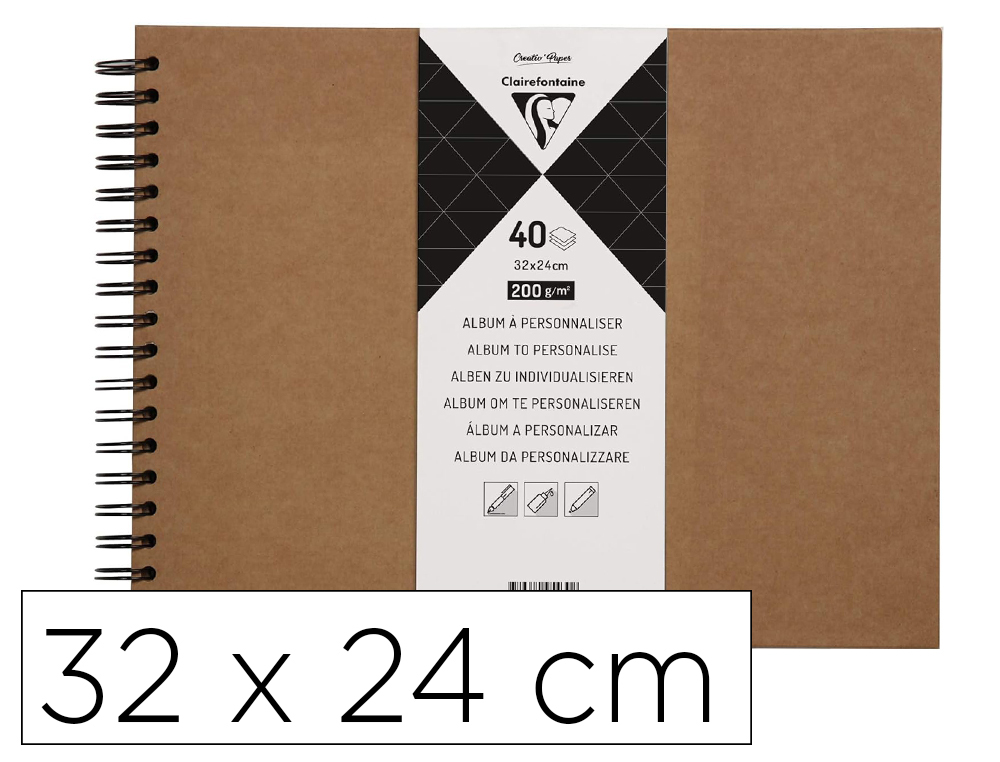 ALBUM A PERSONNALISER CLAIREFONTAINE COUVERTURE RIGIDE RELIURE INTEGRALE NOIRE 32X24CM 40 FEUILLES 200G COLORIS KRAFT