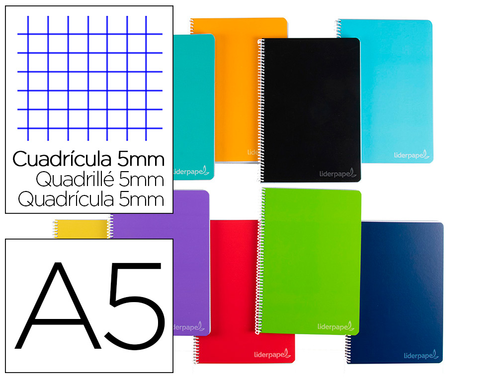 CAHIER SPIRALE LIDERPAPEL WITTY A5 280P 75G/M2 5X5MM 6  TROUS MICROPERFORE COIL-LOCK  COLORIS ASSORTIS