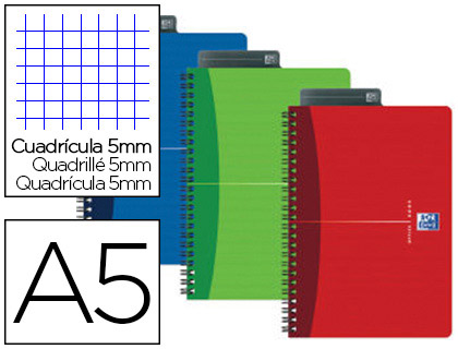 CAHIER SPIRALE OXFORD COUVERTURE PELLICULE RELIURE INTGRALE OPTIK PAPER A5 14,8X21CM 180 PAGES 90G 5X5MM ASSORTIS