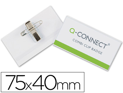 BADGE Q-CONNECT COMBI PINCES/ PINGLES CARTE VISITE PVC RIGIDE TRANSPARENT 40X75MM BOTE 50 UNITS
