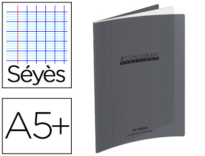 CAHIER PIQU CONQURANT CLASSIQUE COUVERTURE POLYPROPYLNE RIGIDE TRANSPARENTE A5+ 17X22CM 48 PAGES 90G SYS GRIS