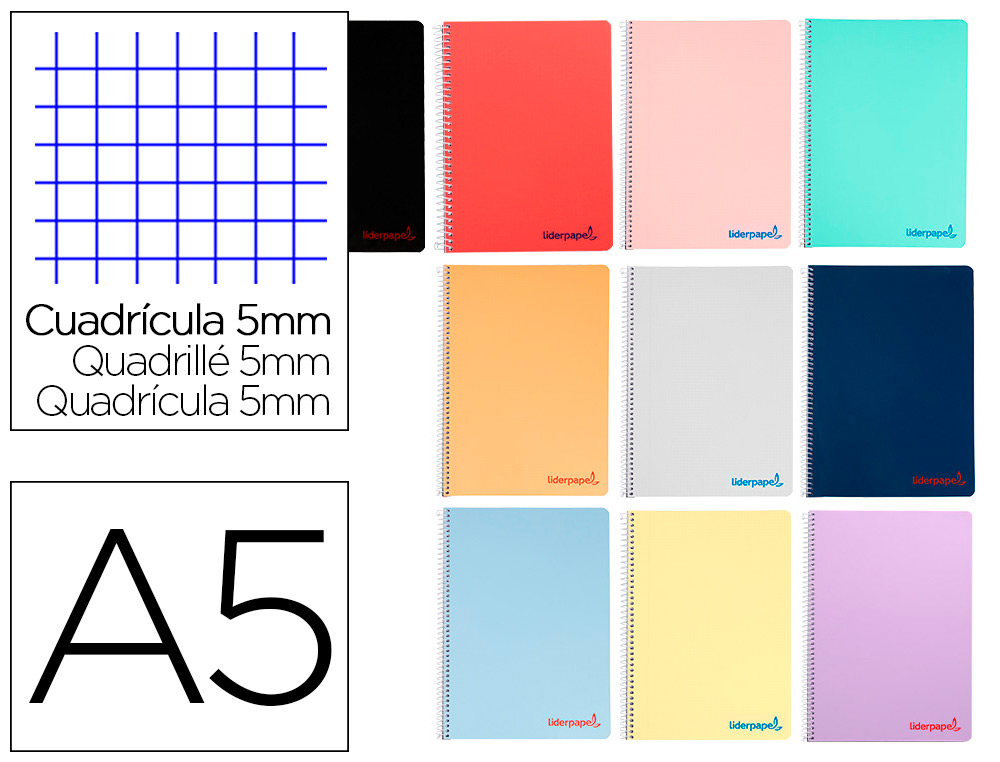 CAHIER SPIRALE LIDERPAPEL A5 MICRO WONDER 80 PAGES 90G     5X5MM 4 TROUS 5 BANDES        COLORIS ASSORTIS