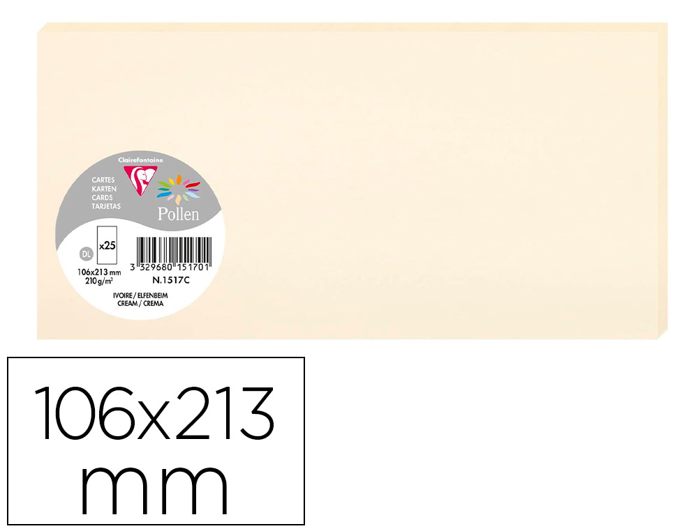 PAPIER CORRESPONDANCE CLAIREFONTAINE POLLEN 210G/M2 106X213MM COLORIS IVOIRE PAQUET 25 FEUILLES