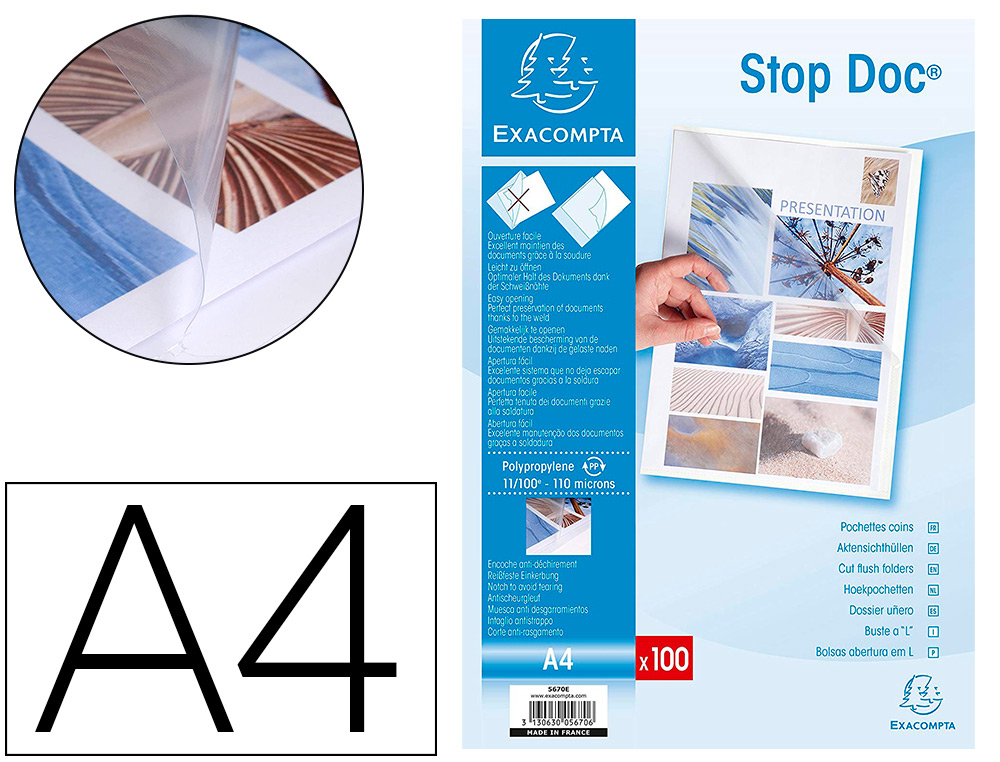 POCHETTE COIN EXACOMPTA STOP DOC POLYPROPYLNE LISSE 11/100E A4 CRISTAL INCOLORE TUI CARTON 100 UNITS