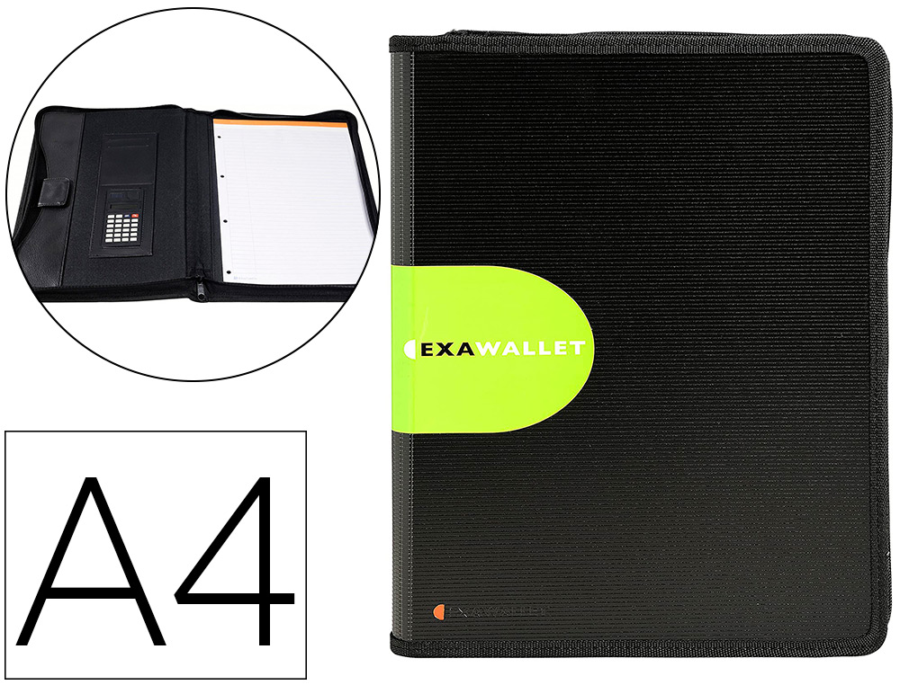 CONFRENCIER EXACOMPTA EXAWALLET POLYPROPYLNE AVEC CALCULATRICE BLOC PAPIER A4 LIGN PORTE-STYLO 34X26,5CM NOIR