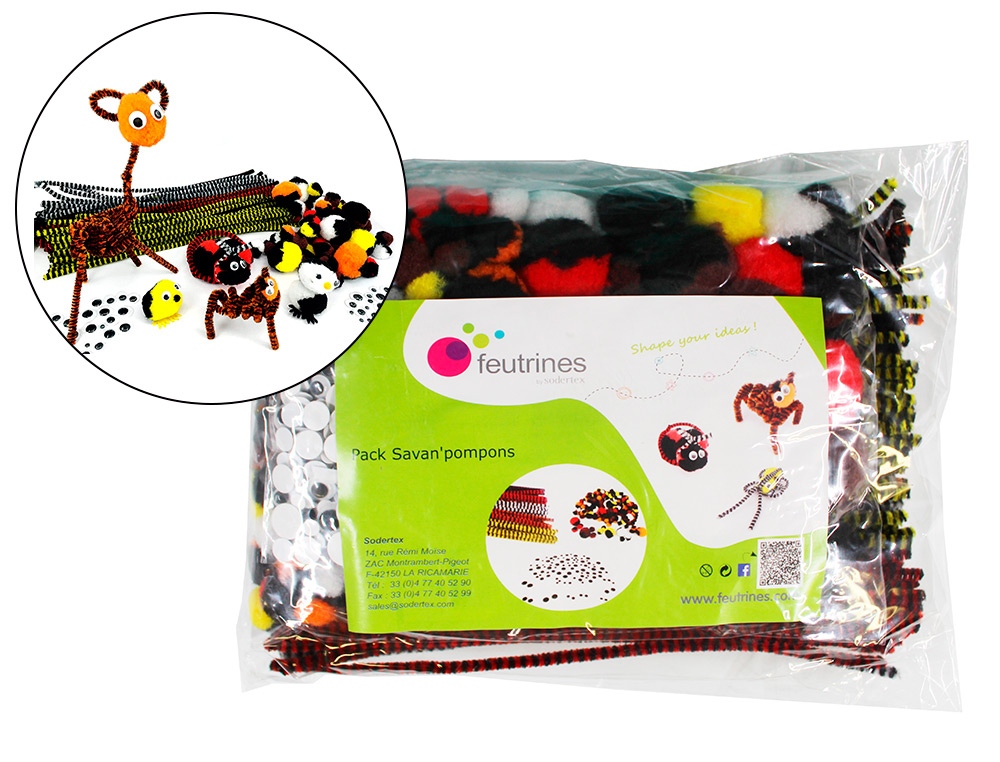 PACK CREATIF SODERTEX SAVAN'POMPONS MAXI POMPONS    CHENILLES + YEUX MOBILES      OFFERTS 6 COLORIS ASSORTIS