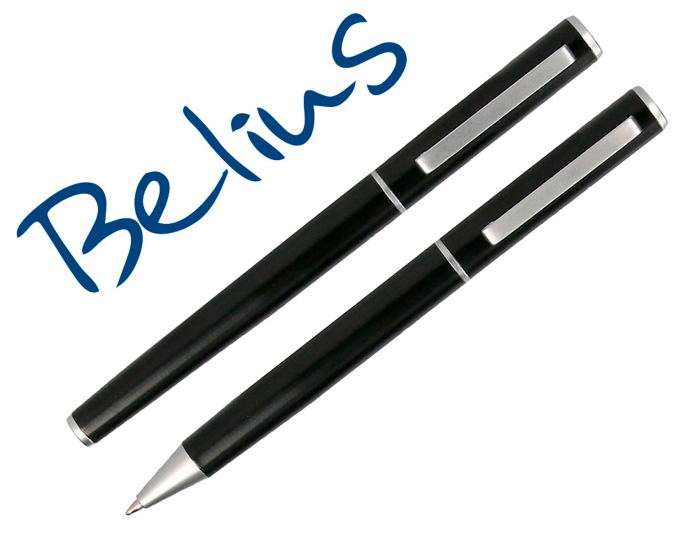 PARURE BELIUS NORWICH STYLO-BILLE ET ROLLER CORPS   NOIR MAT DETAILS CHROMES      SATINES BOITE CADEAU