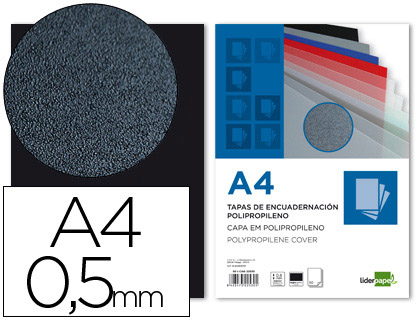 PLAT COUVERTURE LIDERPAPEL POL YPROPYLNE EXTRUD RELIEURS SPIRALES PEIGNES ANNEAUX PAISSEUR 0.5MM A4 NOIR OPAQUE