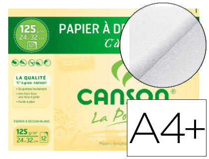 PAPIER DESSIN CANSON C  GRAIN CRAYON ENCRE GOUACHE FEUTRE 224G A4+ POCHETTE 12F